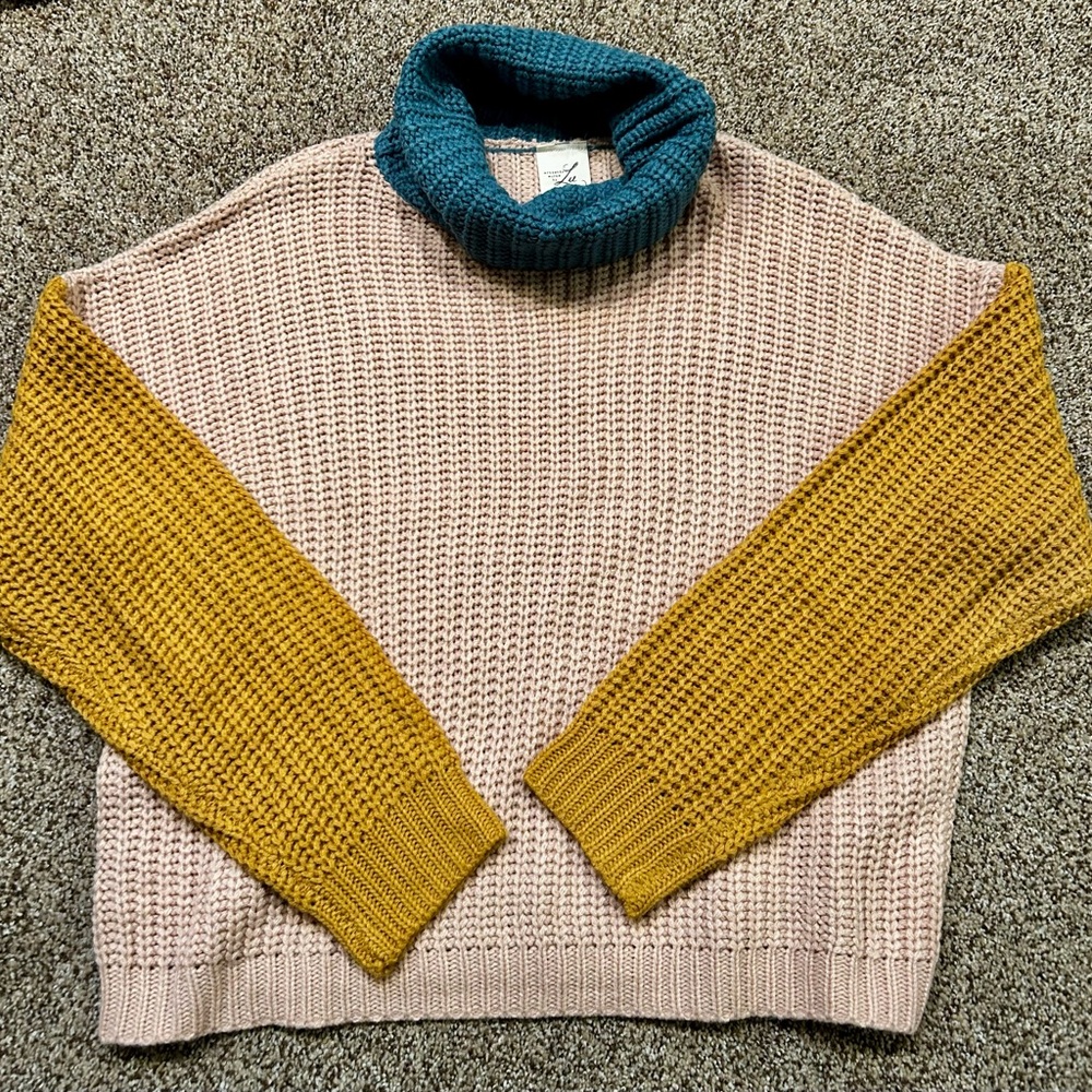 Pink and Yellow Cowl Neck Sweater with Chunky Knit Texture